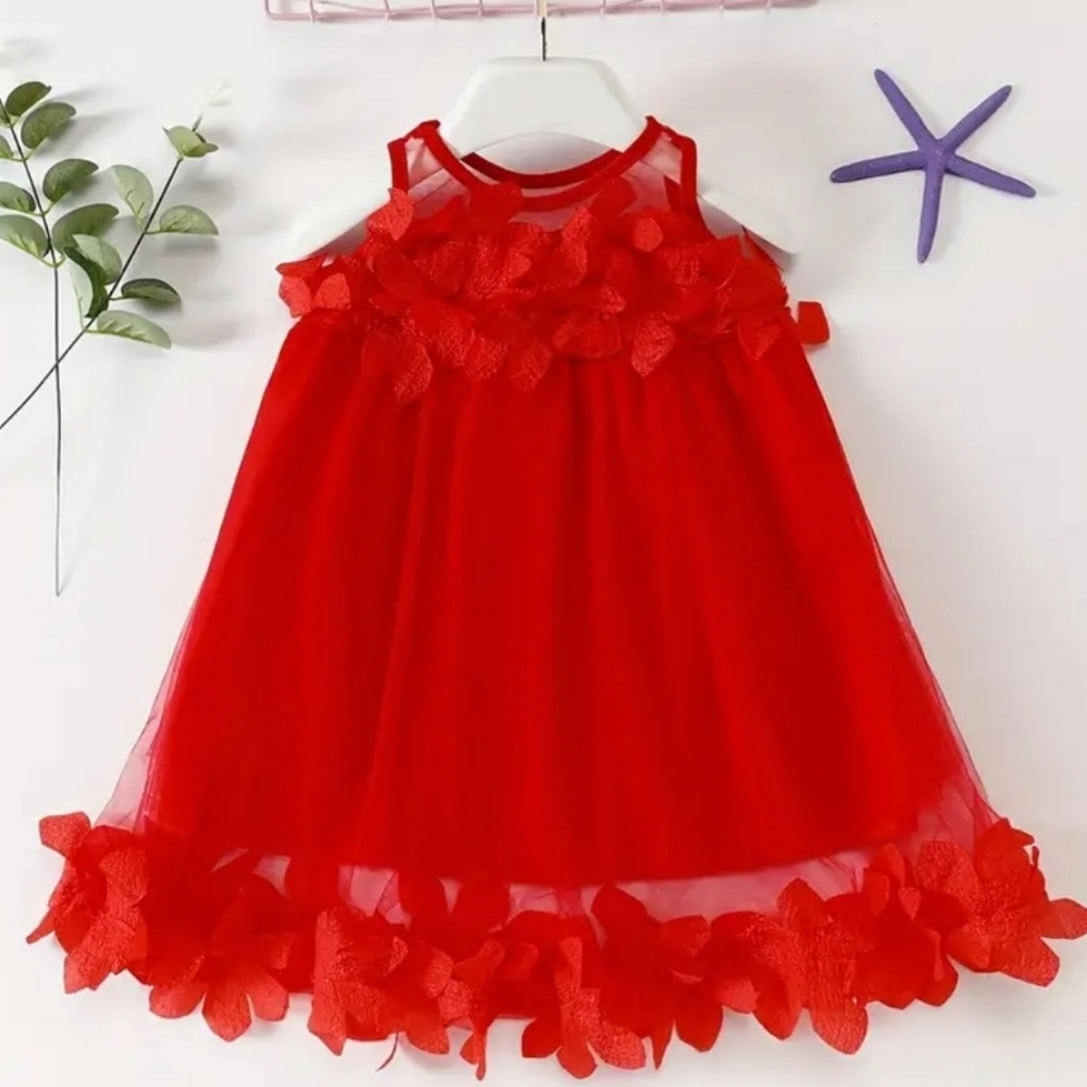 Baby Girls Casual Red Floral Decorative Sleeveless Mesh Dress